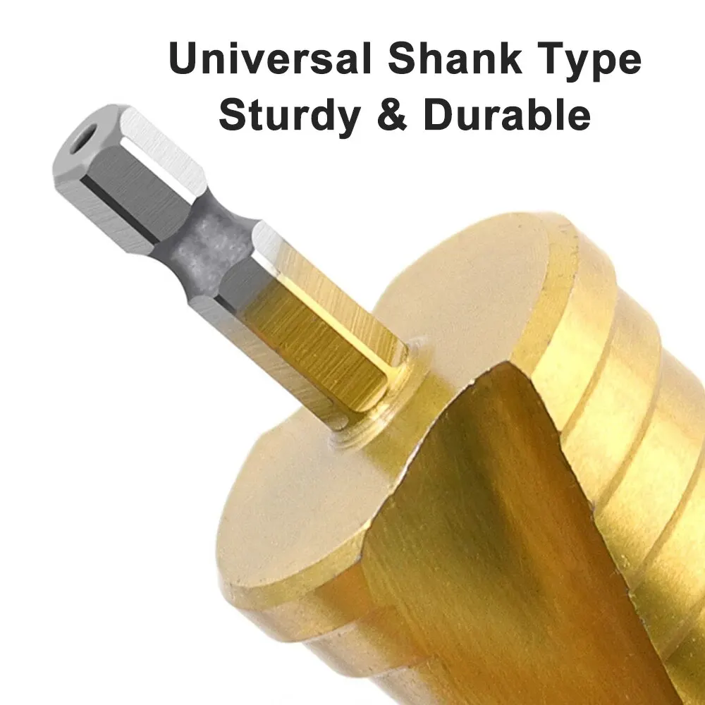 육각 생크 나선형 그루브 티타늄 코팅, 파고다 스타일 스텝 드릴 비트, 3 피스, 4-12/4-20/4-32