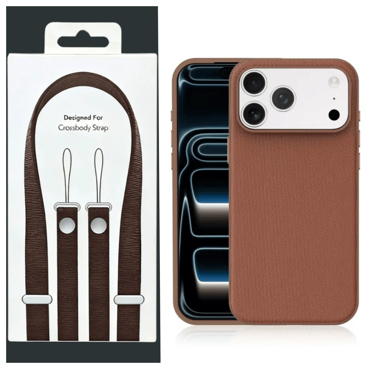 Luxurious Leather Crossbody Phone Case with Woven Neck Strap and Wireless Charging Capability