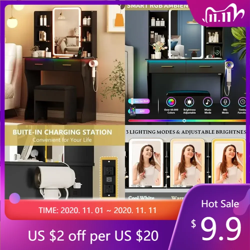 Compact LED-lit Makeup Vanity Table with Storage and Power Outlet, Featuring 3 Lighting Options and Chair