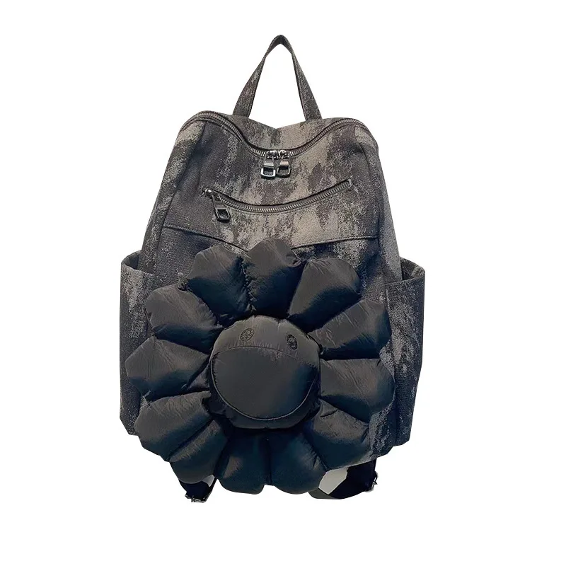 Denim Backpack Large Capacity Bag Casual Simple Commuter Bag Send Large Sunflower Pendant