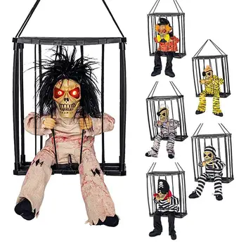 Hangable Talking Ghost Halloween Decoration - Scary Electric Skeleton Toy with Glowing Eyes and Sound Effects - Prisoner Ghost in Cage Prop