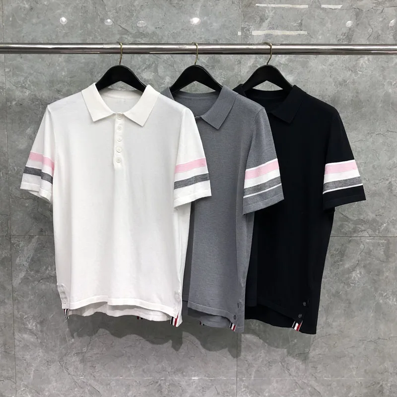 

TB THOM T Shirt For Men 2023 Summer Luxury Korean Fashion Polo T-shirt Classic Trecolor Stripes Tops Casual Formal Blouses