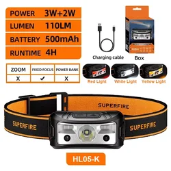 Introducing the SUPERFIRE Motion Sensor Multi - Mode LED Headlamp - Powerful Hands - Free Illumination in White, Yellow, and Red for Camping and Outdoor Adventures (HL05 - K)
