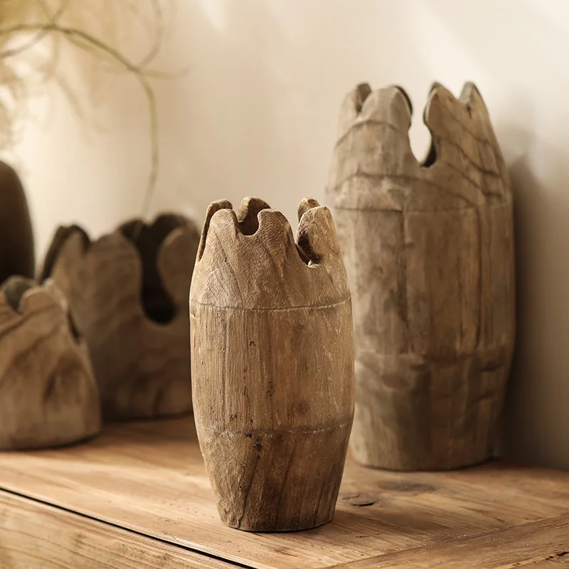 

Wooden barrel flower inserted paulownia wood hand polished retro old homestay solid wood vase decoration wood.