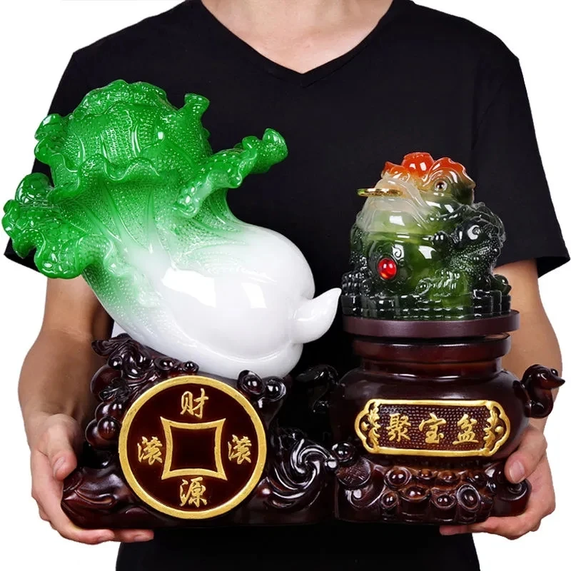 

Fortune Jade Cabbage Golden Toad Decoration Large Poly Treasure Craft Gift Opening Cashiers Table Bar Furnishings Decor