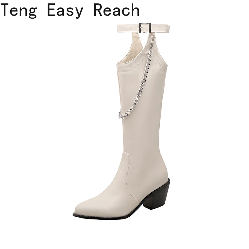 2022 Fashion Knee High Boots New Hollow Punk Style Thick Heel Zipper  Metal Chain Decoration Knee Boots Women's Shoes Size 34-43