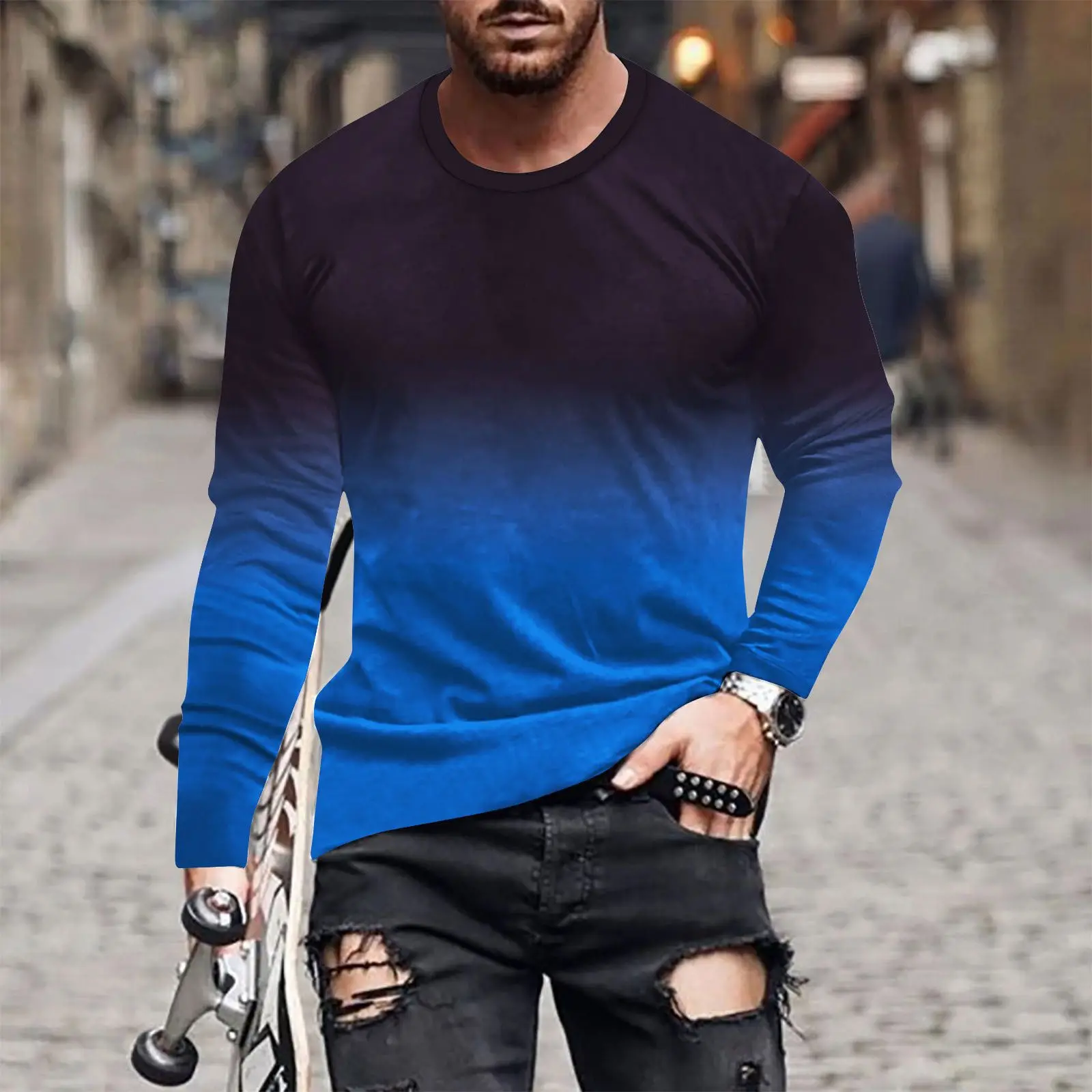 Gradient Color 3D Print Long Sleeve T Shirt