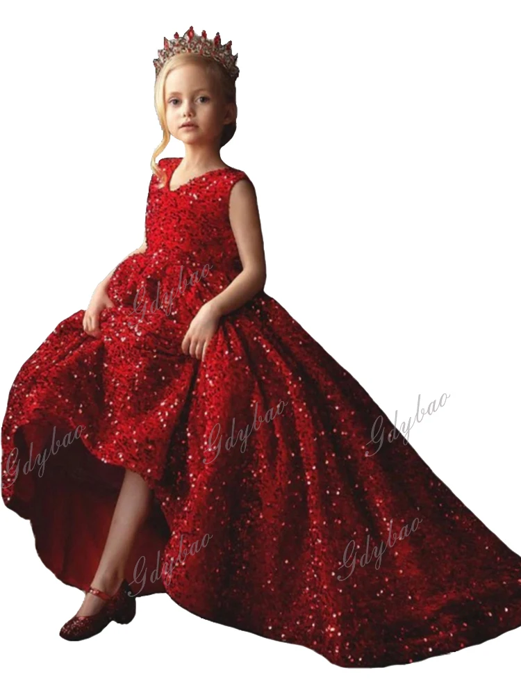 

Red Sequins Formal Party Gowns For Girls V Neck Sleeveless Princess Pageant Dress Brush Train Flower Girl First Communion Dress