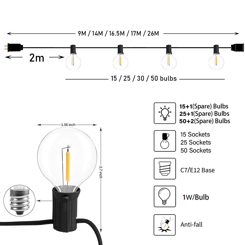 페스툰 LED 글로브 스트링 라이트 페어리 LED G40, 크리스마스 파티 정원 장식 화환 램프, 거리 파티오 캠핑 야외