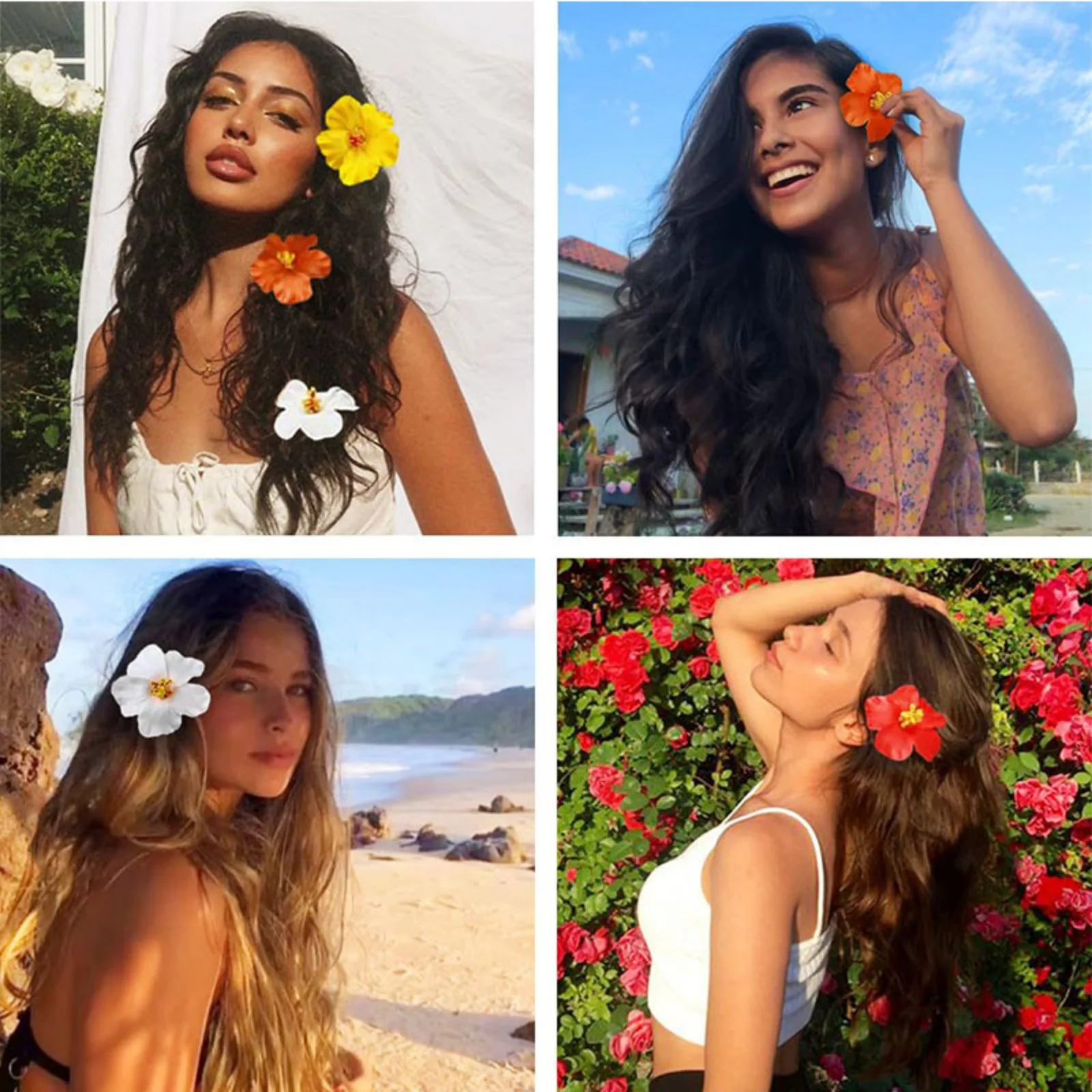 1PC  Hibiscus Flower Hair Clips, White, Orange & Red, Tropical Hair Accessories for Beach & Summer Looks