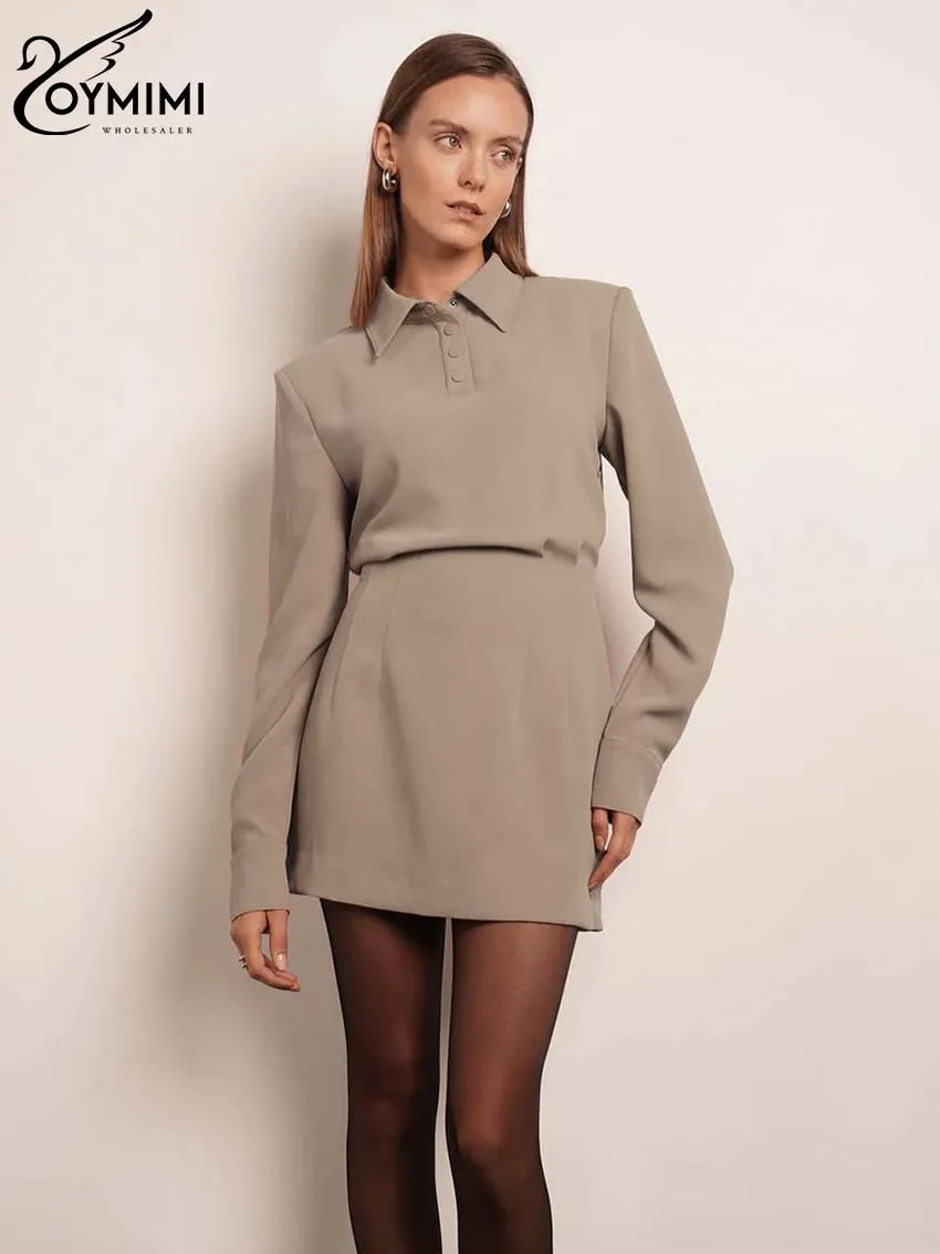

Oymimi Elegant Khaki Lapel Dresses For Women Casual Long Sleeve Button Straight Dresses Fashion High Waisted Mini Dress Female