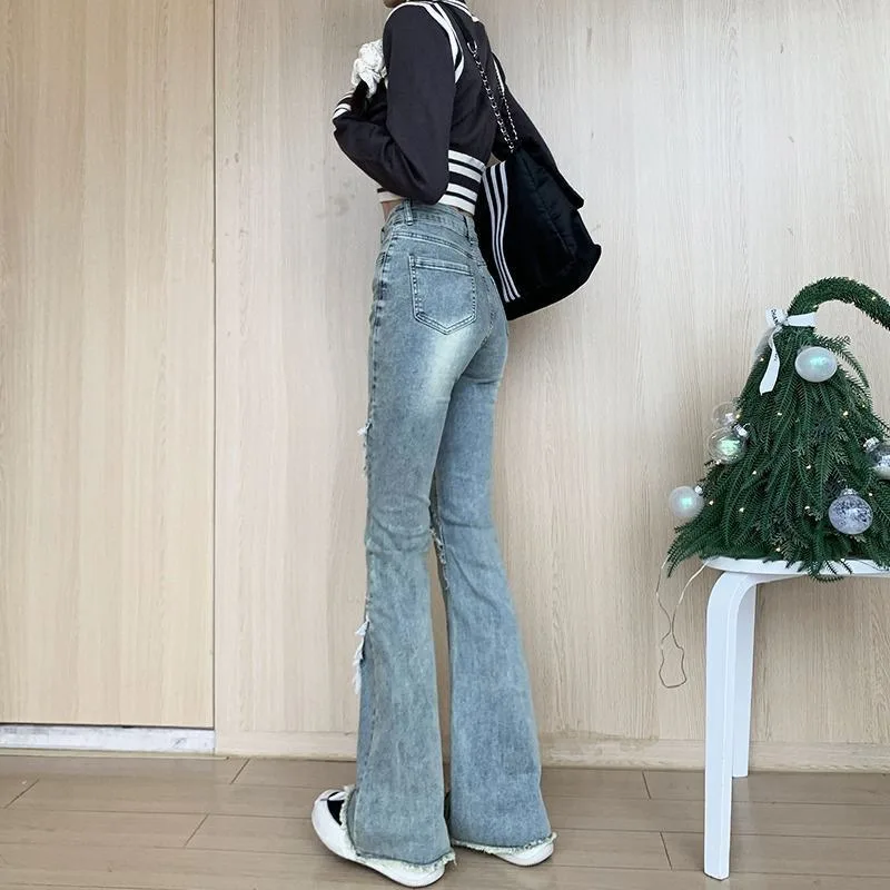 Denim Planet Women's Slim Fit Jeans 2024 New High Waist Elastic Flare Pants Spliced Slim Fit Open Front Pants