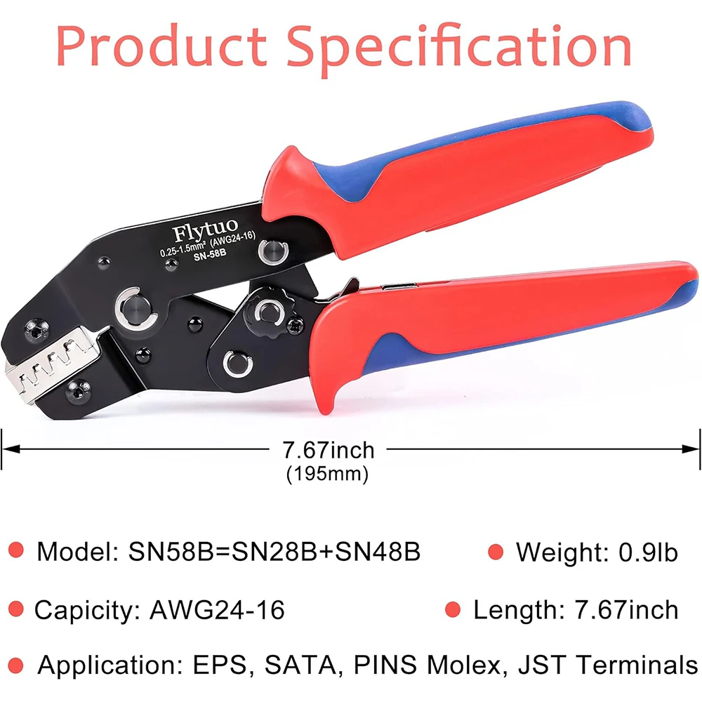 SN-58B Draht-Crimpzange für AWG24-16 0,25–1,5 mm2 Anschluss-Crimpzange für Dupont-Draht-EPS, Stifte MOLEX, JST-Anschlüsse – Detail 2