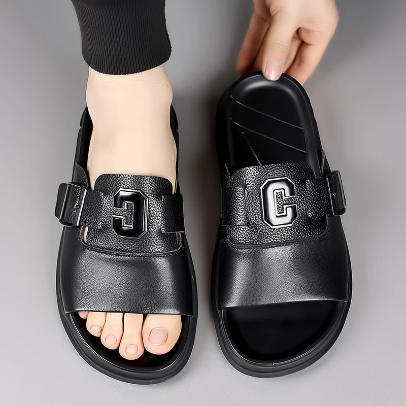 Men's Genuine Leather Non-Slip Breathable Slippers Male Simple Soft-Soled Beach Shoes Outdoor Comfortable Walking Roman Sandals