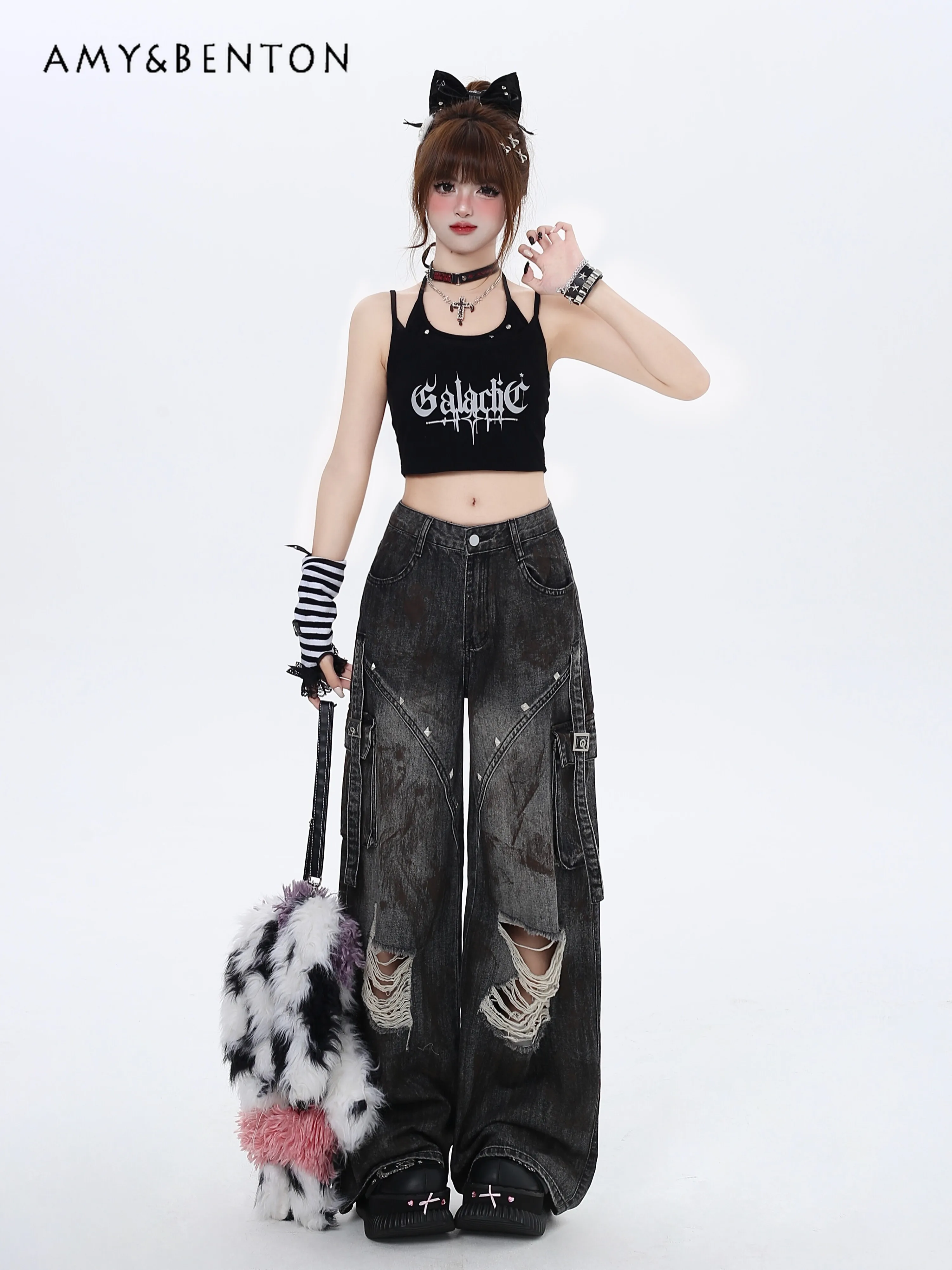 

American Retro High Street Ripped Hot Girl Washed-out Jeans Women Autumn New Harajuku Y2K Wide Leg Pants Gothic Slim Baggy Jeans