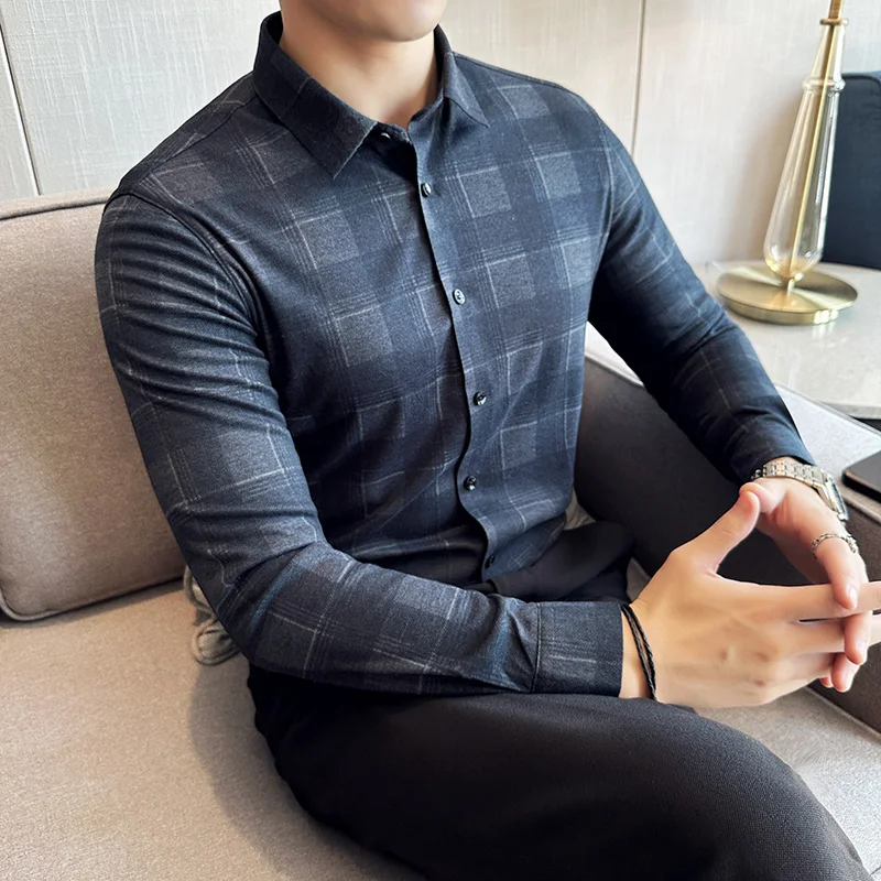 Summer Fashion Random Plaid Shirt Men Long Sleeve Casual Slim Fit Elastic Anti-wrinkle Shirts Tops Cotton Chemise Homme