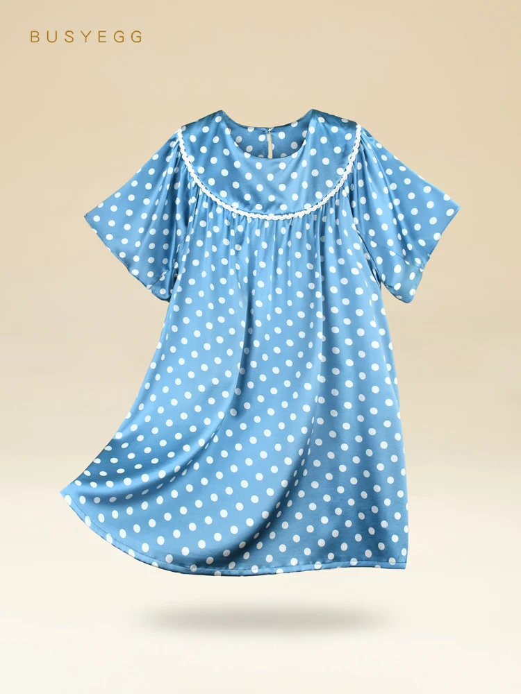 

Fresh Style Blue Polka Dot Printed Girl Nightdress Kids Natural Silk Sleepwear Children's Summer Child Real Silk Pajamas Dress
