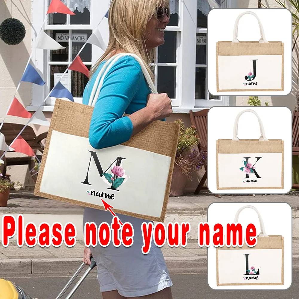

Custom Any Name Shopping Bags Large Capacity Women Linen Tote Bag Purses Portable Handbag Letter Eco Summer Beach Bag Top Handle
