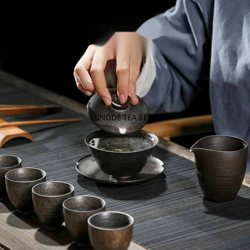 150ml ceramic handmade gold-plated lid bowl traditional iron glazed coarse tea lid bowl tea ceremony accessories