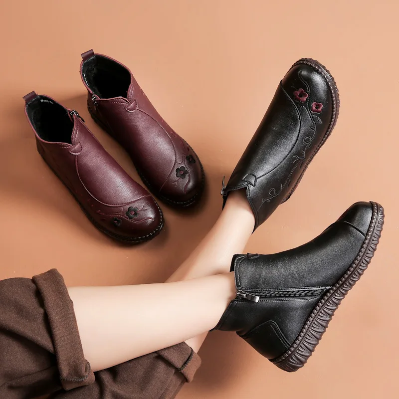 Winter Fashion Genuine Leather Women Ankle Boots Female Thick Plush Warm Snow Boots Female Casual Lightweight Cotton Boots