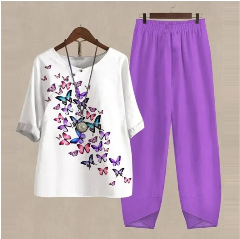 Women's casual printed two-piece set with O-neck pullover top and matching long pants for summer holidays and everyday wear. purple