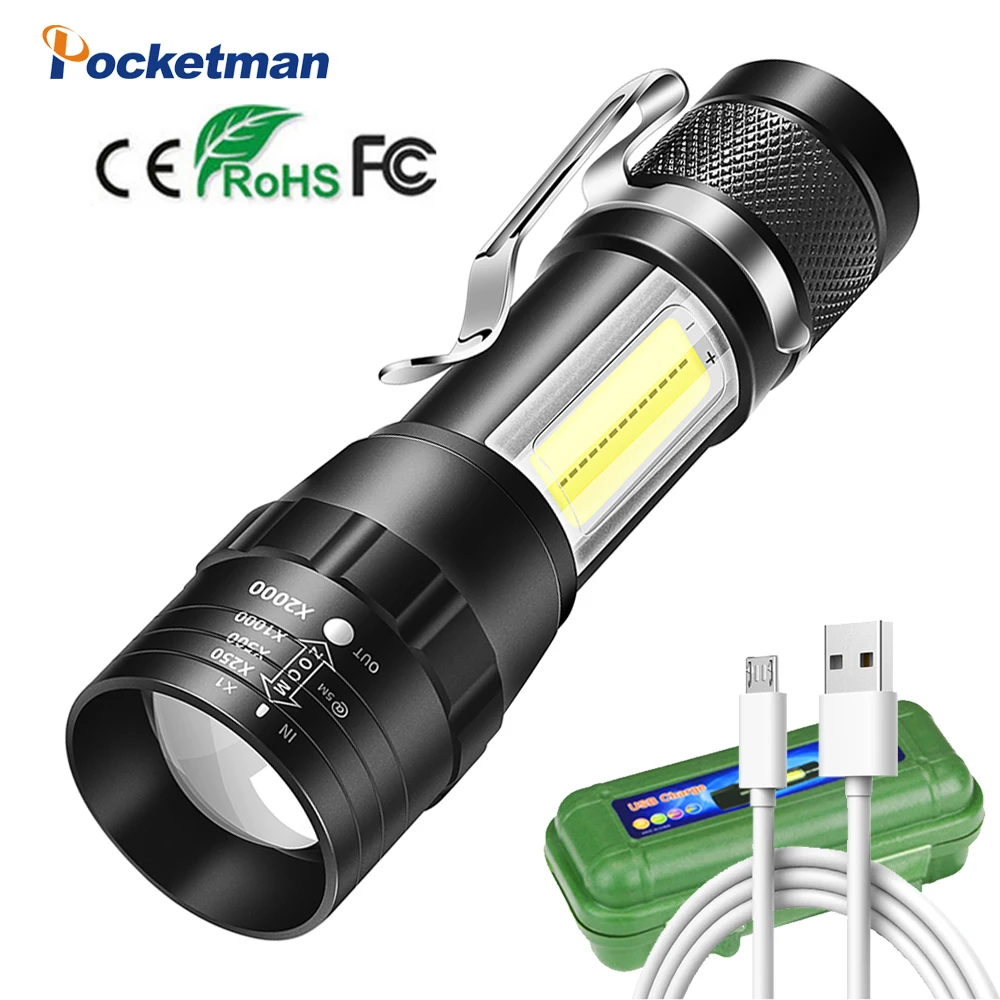 

led Portable flashlight Rechargeable Zoomable torch Lantern 3 Modes Camping Light Mini Led Flashlight COB work light