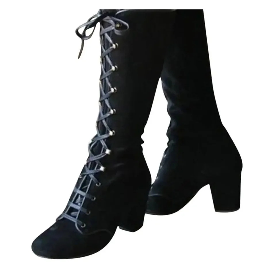 Bottes Hautes à Lacets Pour Femme - Tige 38 Cm, Talon 5 Cm - Noir Imitation Daim - Taille 36 à 42 - Style Décontracté
