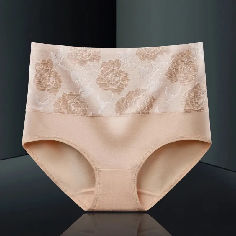 5pcs Women's Briefs Underwear Cotton High Waist Tummy Control Panties Rose  Jacquard Ladies Panty