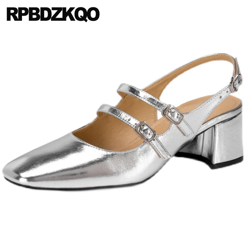 

Chunky Medium Heel Retro Pumps Strap Shoes Mary Jane Real Leather Belts Cow Closed Toe Slingback Square Metallic Women Sandals