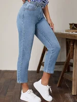 Pocket Micro Elastic Pants High Waist Solid Color Women's Straight Leg Pants Fashion High Street Daily Versatile Spring Jeans - Image 2
