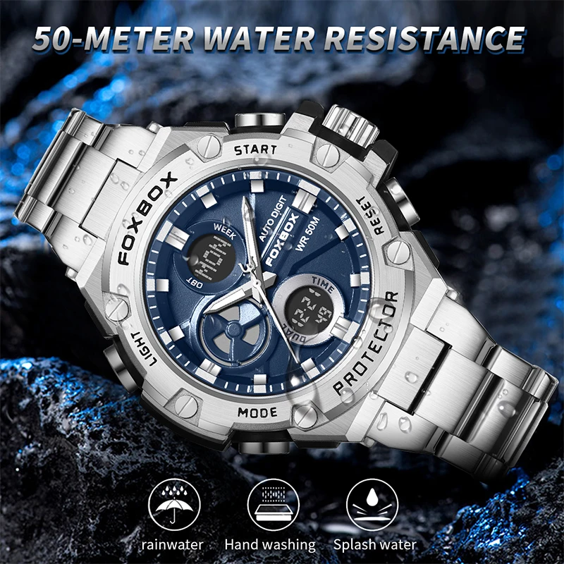 Dual Display Luminous Business Men Watch Waterproof Quartz Digital Led Male Clock Military Sport Stainless Steel Man Wristwatch