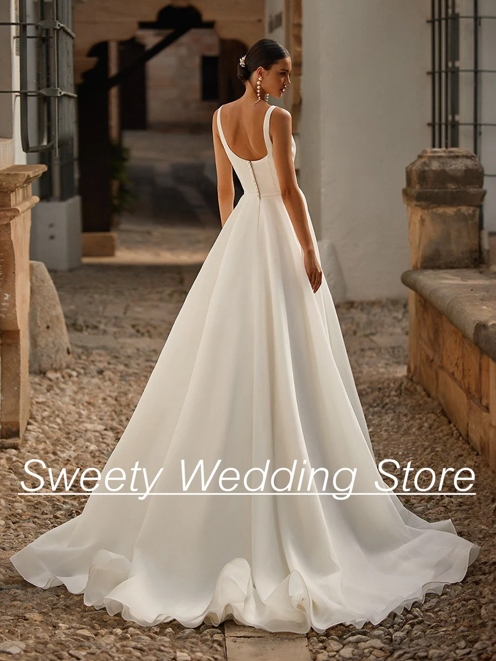 A Line Organza Wedding Dresses for Woman Bride Square Neck Sleeveless Sweep Train Backless Vestidos De Novia Bridal Gowns 2