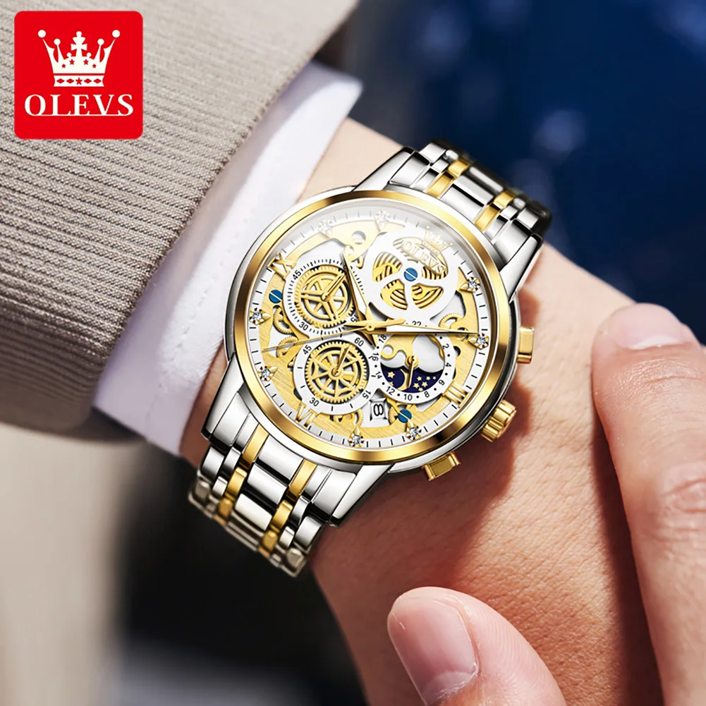 OLEVS New Fashion Skeleton Style Quartz Watch for Men Stainless Steel Multifunction 24 Hour Moon Phase Chronograph Watches Mens