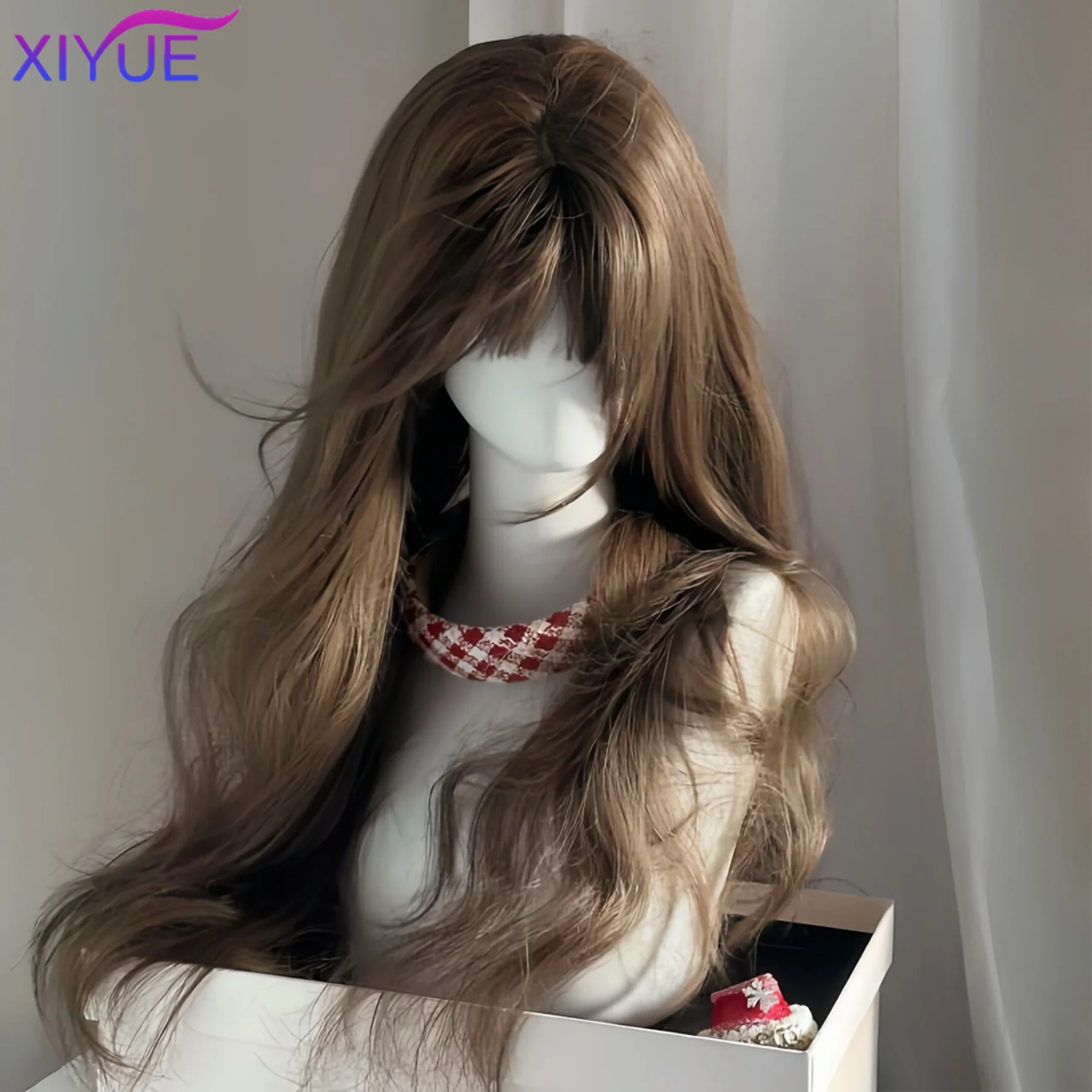 XIYUE cool Brown Brown Black Wavy Wigs for Women with Bangs Long Natural Synthetic Hair Wig Daily Cosplay Heat Resistant