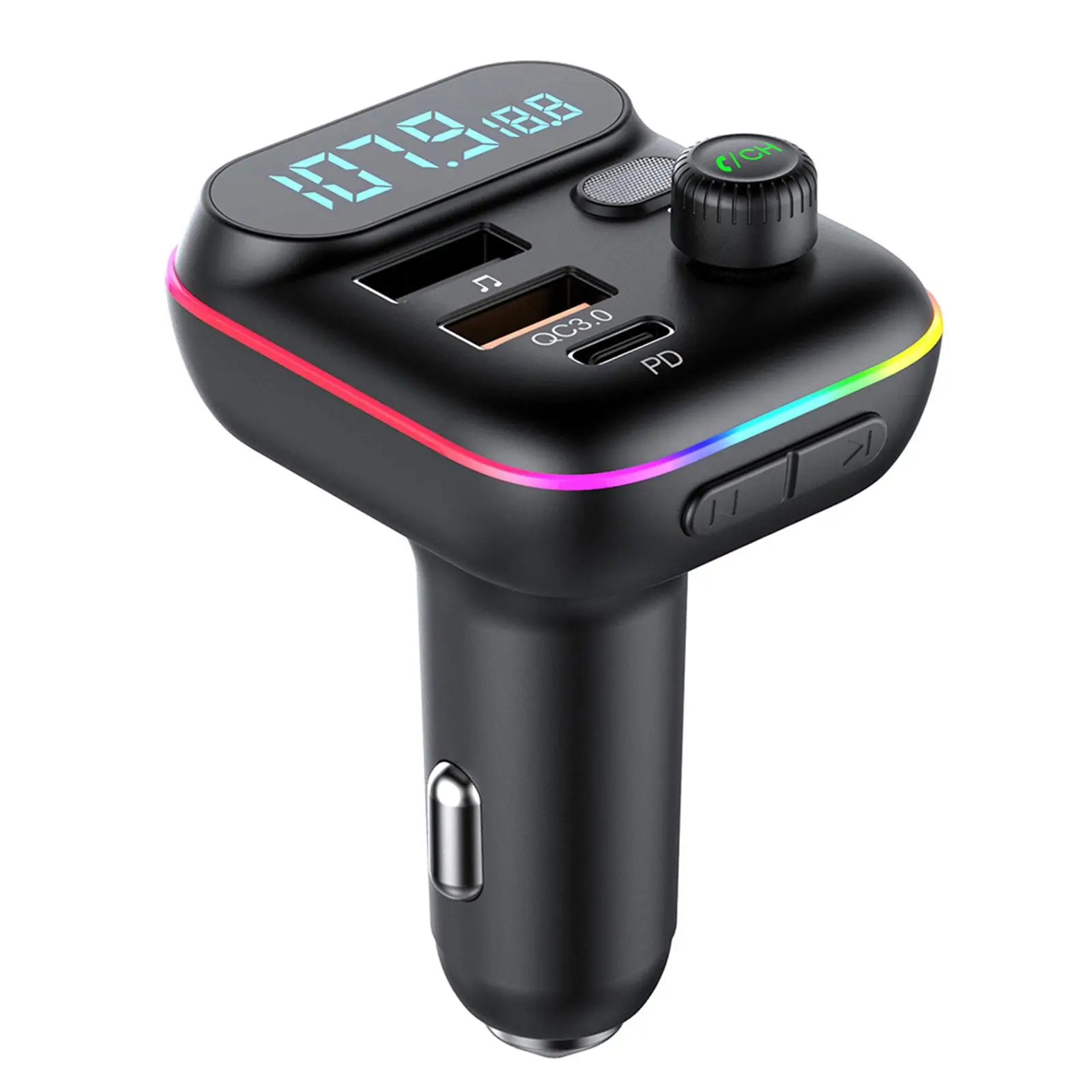 Car PD 18W QC3.0 Fast Charge Bluetooth 5.0 FM Transmitter Dual Player Music Type-C Colorful Ambient MP3 Light Cigarette Lighter