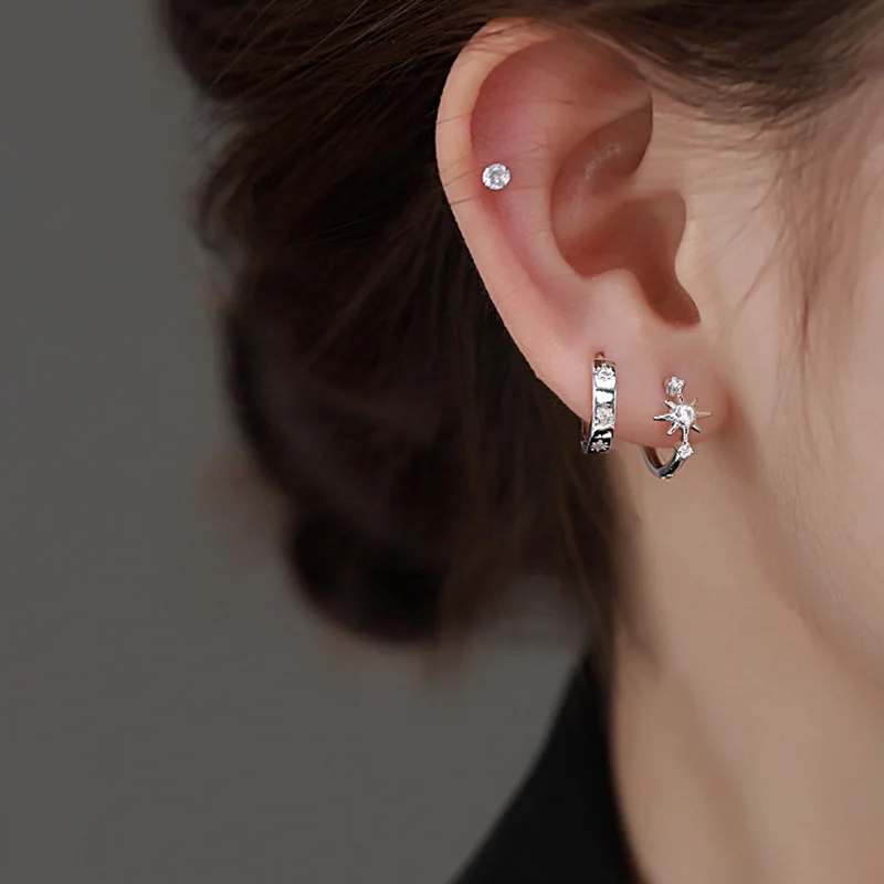 925 Sterling Silver Zircon Star Asymmetry Hoop Earrings display