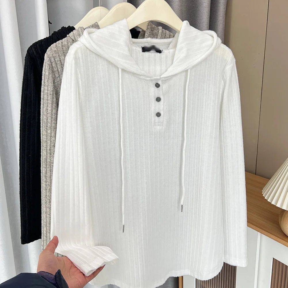 Plus Size Women's T-Shirt Spring 100kg Casual Solid Color Hooded Pit Strip bottom-top Hoodie Top 2306