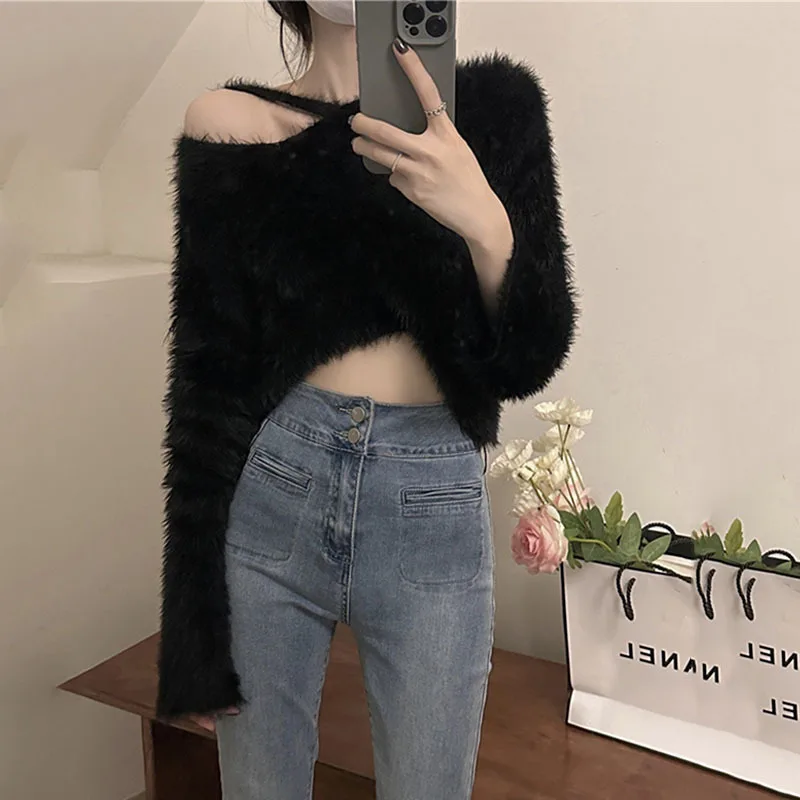 

Асимметричные однотонные трикотажные пуловеры без бретелек с длинными рукавами облегающие Женские Новые корейские модные осенне-зимние