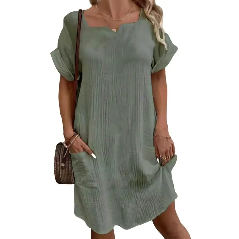 

Женское винтажное платье-пуловер с V-образным вырезом, коротким рукавом и боковыми карманами