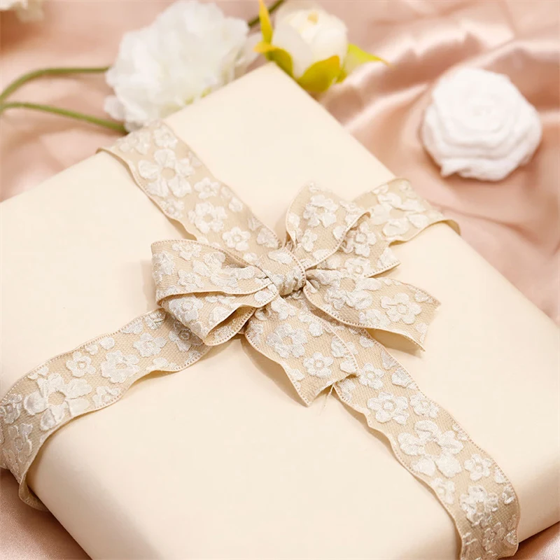 2.5/4cm 10 Yards Camellia Relief Flower Wave Ribbon for Gifts Wrapping Bouquets Bow Hair Ornaments DIY Crafts Wedding Decoration