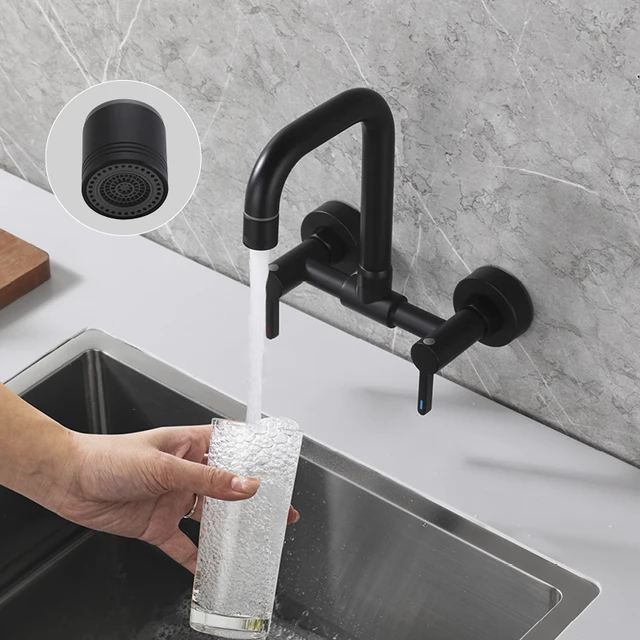 ก๊อกน้ำอ่างล้างจานแบบติดผนัง 2 หัวก๊อก น้ำร้อนน้ำเย็น หมุนได้ 2 รู สีดำด้าน 4