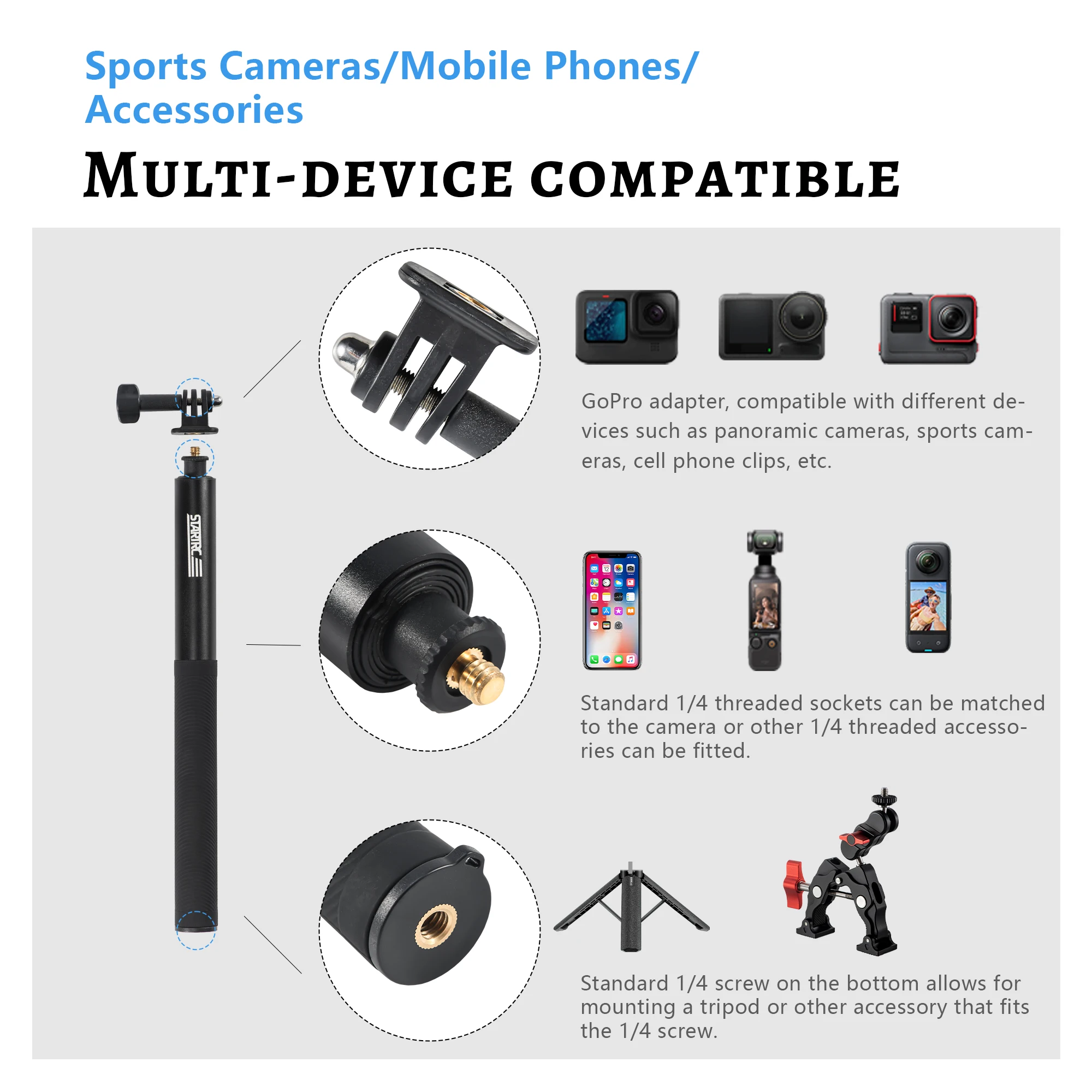Perche Selfie Extensible 132cm pour GoPro, DJI, Insta360