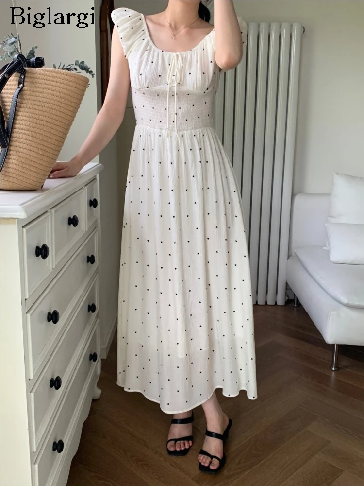 

Summer Sleeveless Polka Dot Print Dress Women Backless Fashion Sweet Ladies Dresses Korean Loose Ruffle Pleated Woman Long Dress