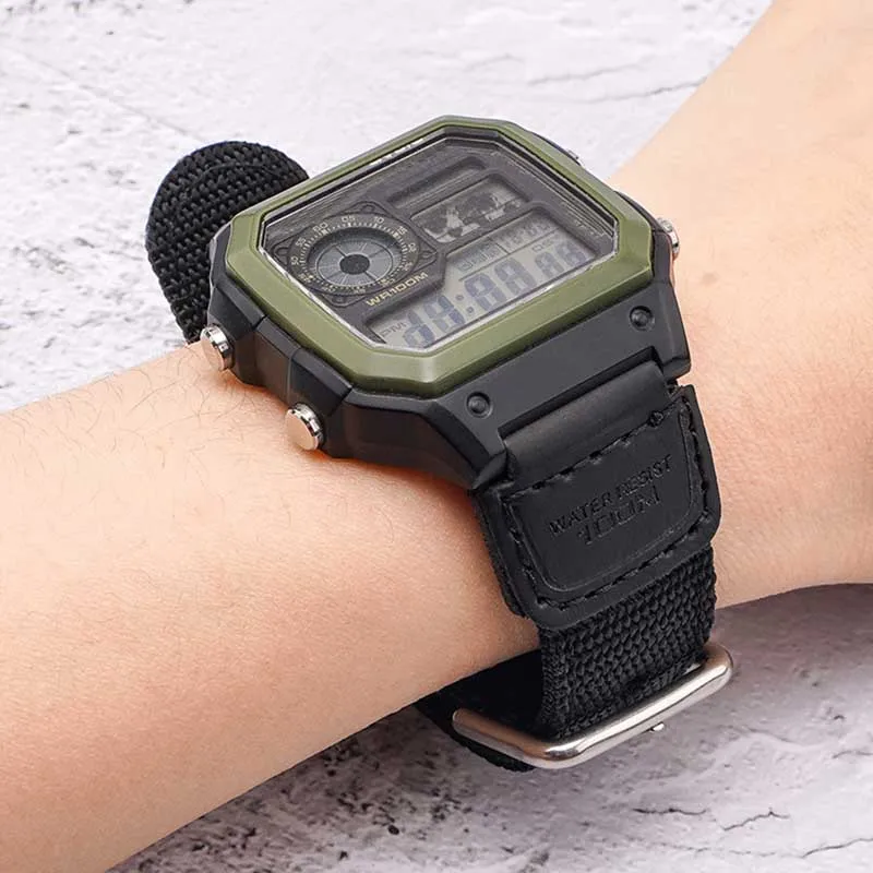 Фото Ремешок нейлоновый 18 мм для Casio W800H, черный зеленый браслет SGW400 F91W F84 F105/108/A158/168 AE1200/1300 №2