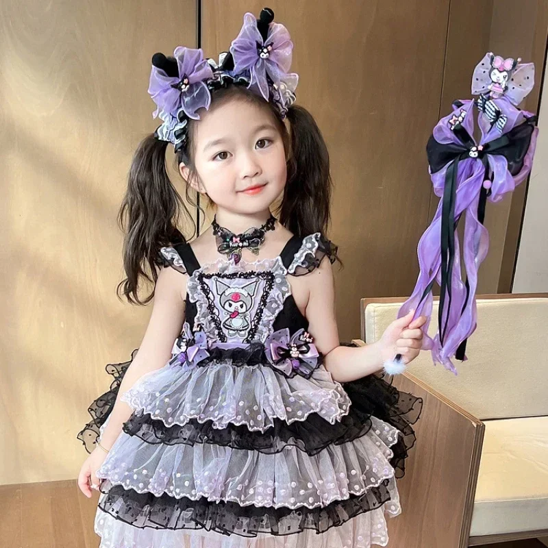 Halloween Sanrio Kuromi Children Dress Cartoon Lolita Princess Dresses Suit Summer Party Sweet Girl Birthday Gifts