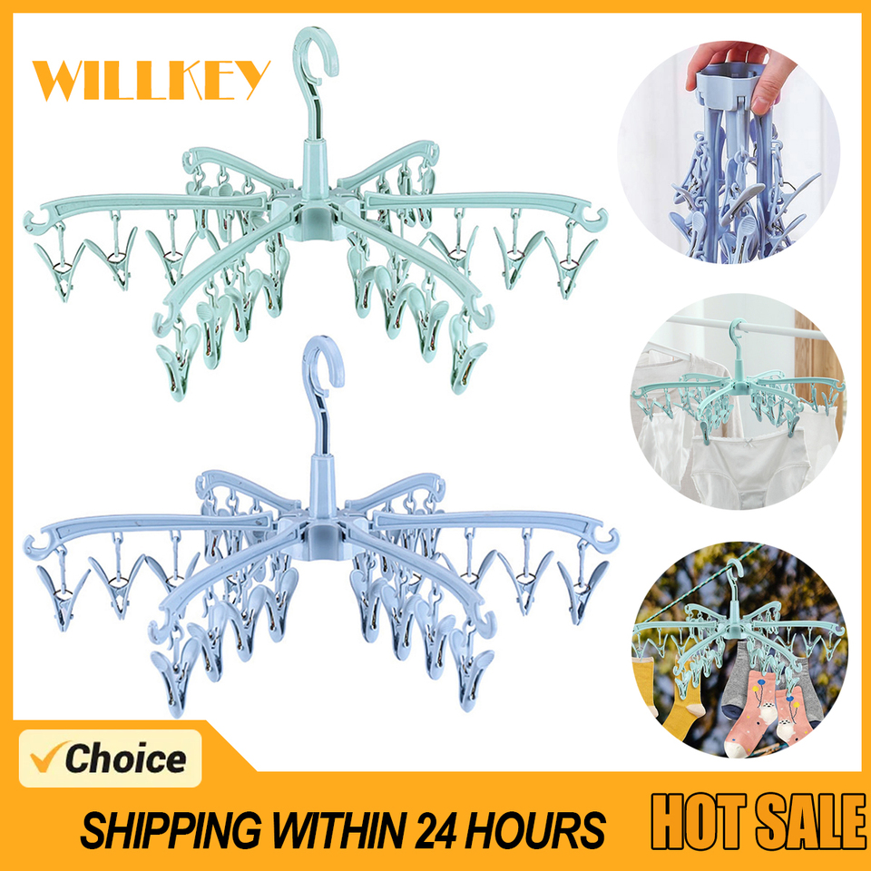 Sock Drying Rack Folding Laundry Clothes Hanger 24 Clips Plastic Rotatable Dryer Clothes Drying Racks Organization for Underwear