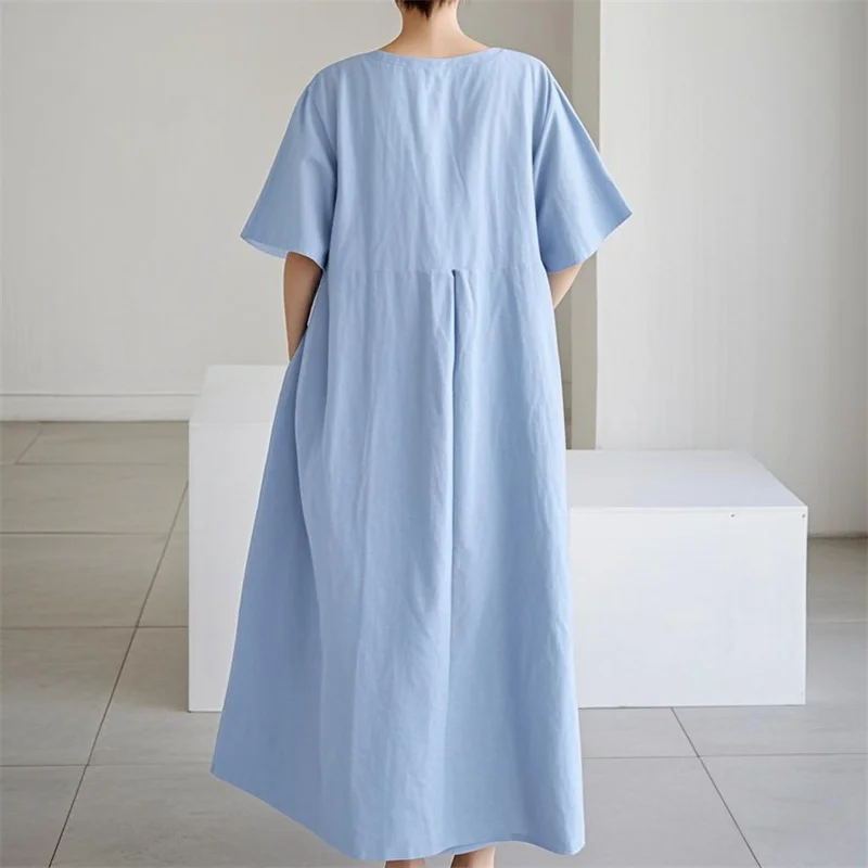 Hochgeschnittene Modische Übergröße-Kleider für Damen Baumwolle Leinen Locker Lässig O-Ausschnitt Pullover-Kleid Einfarbiges Plissiertes Kleid – Detail 4