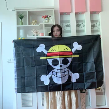 해적 몽키 D., 무료 배송 루피 해골 깃발, 폴리에스터 밀짚 모자, 해적 트럼펫 깃발, 집 장식, 90x150cm
