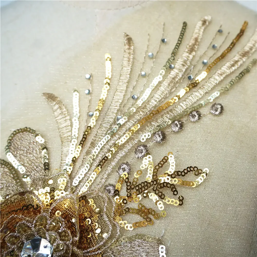 Description Picture 4 of itemGold Silver Sequined 3D Flower Tassel Appliques Embroidered Lace Mesh Rhinestone Sew On Patches For Wedding Dress DIY Decoration