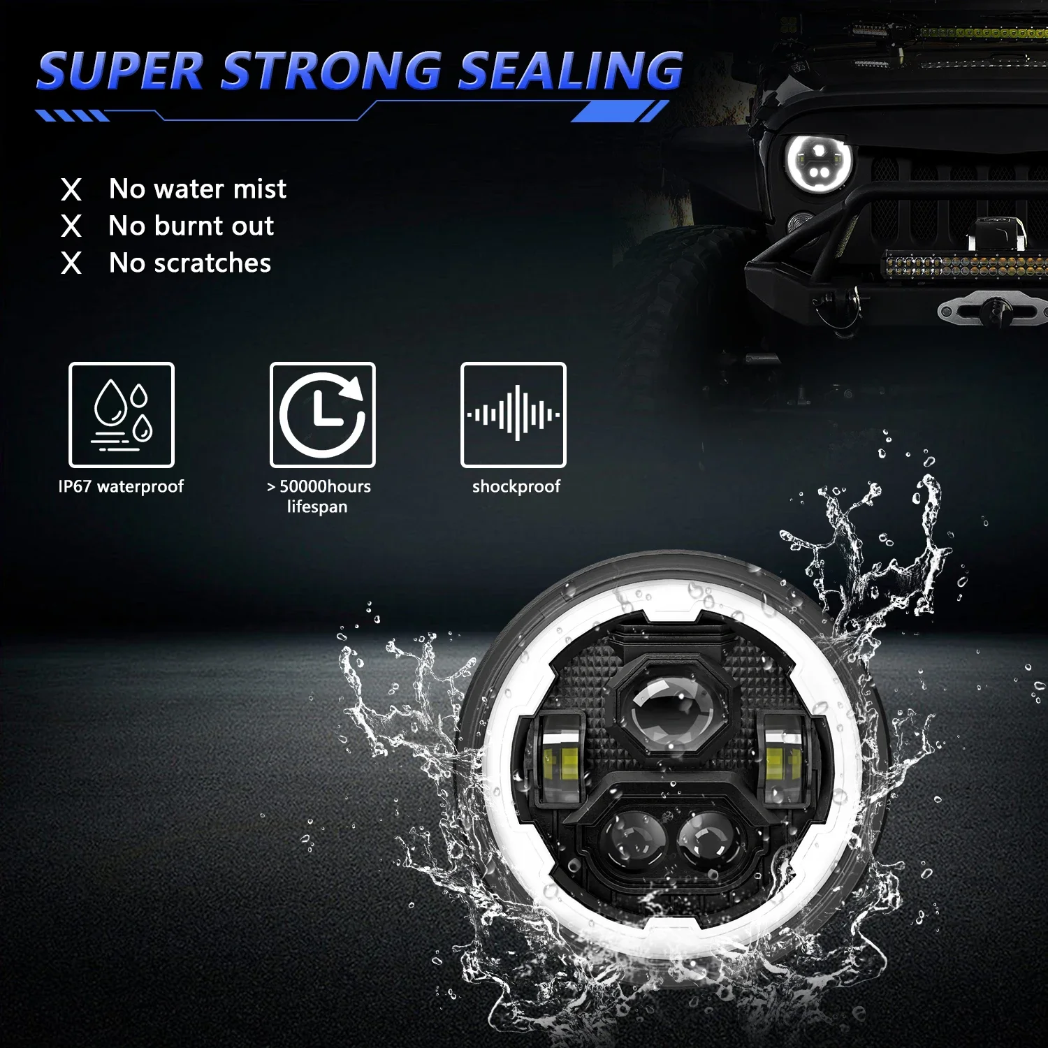 Car Headlight Angel Eyes 7 in DRL Led Headlight for Car Jeep Motorcycle Crystal